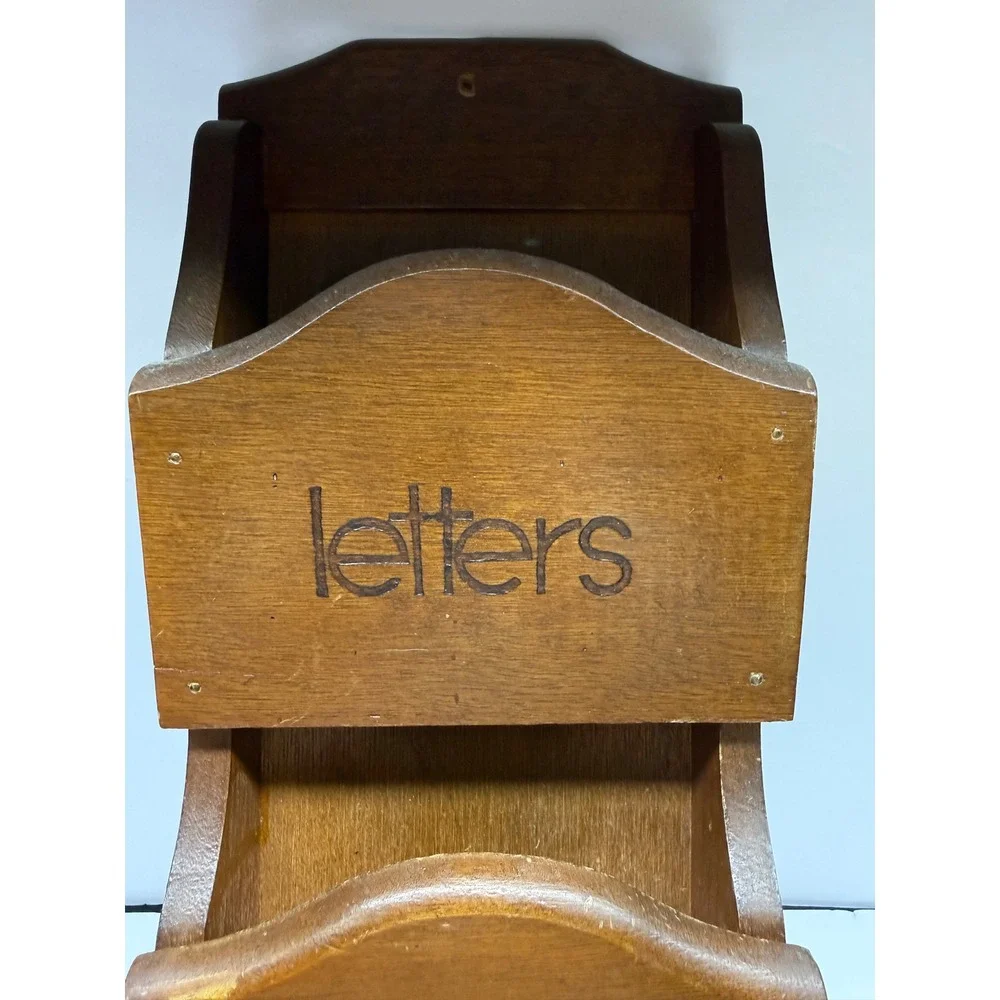 Vintage Wood Wall Mail Organizer 3 Tier Letter Bill Holder Key Hooks Brown